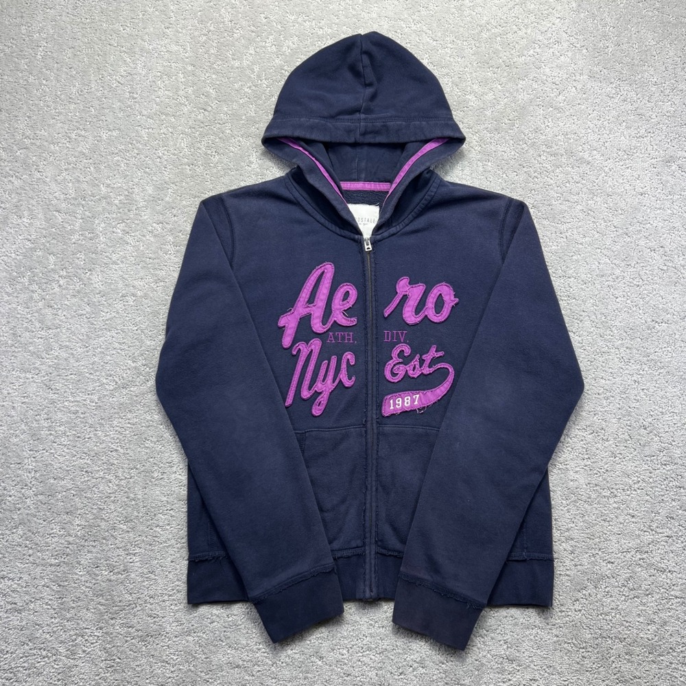 Aeropostale Hoodie Youth XL Navy Blue Purple Graphic Zip Up Sweatshirt Grunge